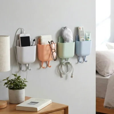 Wall Mounted Mobile Charging Holder with 2 Hooks Organizer